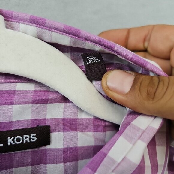 Michael Kors Dress Shirt Mens Size 16.5 Purple/White Check 100% Cotton Designer - Picture 4 of 8